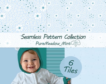 Boho Wildblumen Seamless Pattern Bundle Türkisfarben 6x Mix Match Kinder Stoffdesign Mint Babyzimmer Tapete Digital Kommerziell PNG