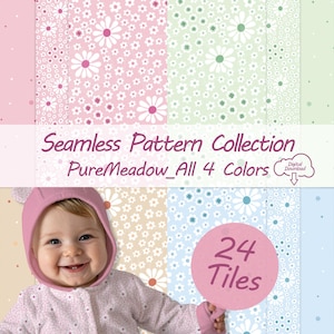 Boho Wildblumen Muster Mega Bundle (4 Farben) 24x Seamless Pattern Set Salbeigrün Beerenrosa Mint Bohotöne, Stoffdesign Kinder Tapete PNG