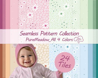 Boho Wildblumen Muster Mega Bundle (4 Farben) 24x Seamless Pattern Set Salbeigrün Beerenrosa Mint Bohotöne, Stoffdesign Kinder Tapete PNG