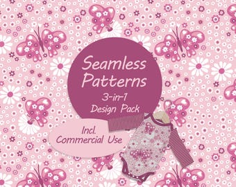 Design de tecido com estampa sem costura de borboleta rosa, padrão fofo de coquete com frutinhas, uso comercial, PNG, bebê menina, pronto para uso na Spoonflower.
