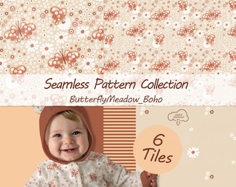 Butterfly Seamless Pattern Collection License Included Boho Earth Tones Coordinated Bundle for Kids Clothing 300 DPI Digital PNG Hex Codes