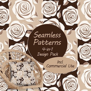 Könnte beinhalten: Ein digitales Grafikdesign-Paket mit einem nahtlosen Rosenmuster in Dunkelbraun, Beige und Creme. Das Bild zeigt den Text Seamless Patterns 4-in-1 Design Pack und Incl. Commercial Use sowie einen Korbstuhl und ein Kissen.