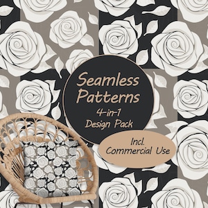 Könnte beinhalten: Eine digitale Grafik mit einem nahtlosen Muster aus weißen Rosen auf einem schwarz-grauen Karohintergrund. Ein kreisförmiges Abzeichen zeigt den Text Seamless Patterns 4-in-1 Design Pack und ein ovales Abzeichen besagt Incl. Commercial Use.