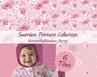 Butterfly Seamless Pattern Collection Commercial Use Included Pink Coordinated Bundle for Kids Clothing Digital Download PNG with Hex Codes