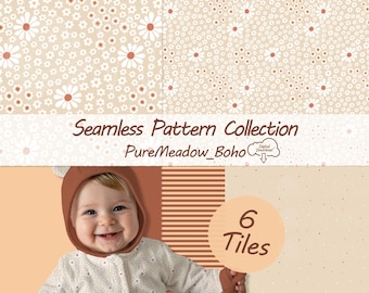 Boho Wildblumen Seamless Pattern Baby Bundle Erdtöne 6x Mix Match Kinder Stoffdesign Erdige Babyzimmer Tapete Digital Kommerziell PNG