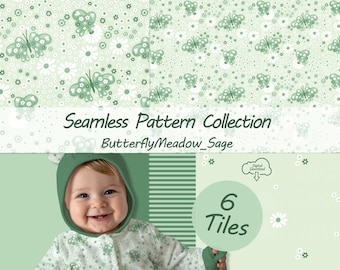 Boho Schmetterling Seamless Pattern Bundle Salbeigrün 6x Mix Match Kinder Stoffdesign Grünes Babyzimmer Tapete Digital, Kommerziell PNG