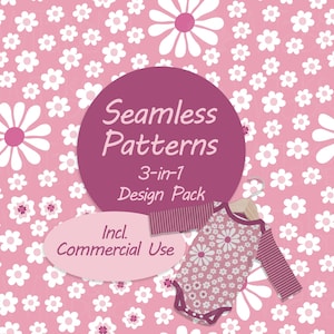 Könnte beinhalten: Eine digitale Grafik mit einem rosa Hintergrund und einem sich wiederholenden weißen Gänseblümchenmuster. Ein großer violetter Kreis zeigt den Text Seamless Patterns 3-in-1 Design Pack, während ein kleineres Oval Incl. Commercial Use anzeigt. Ein Body ist abgebildet.