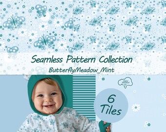 Seamless Pattern Baby Türkis Schmetterling Stoff Design Digitale Stoff Kollektion Floral Babyzimmer Tapete PNG Commercial Use