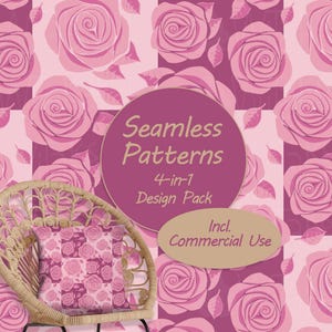 Könnte beinhalten: Eine digitale Grafik mit einem nahtlosen Muster aus rosa und magentafarbenen Rosen auf einem karierten Hintergrund. Ein kreisförmiger Text lautet Seamless Patterns 4-in-1 Design Pack, mit einem ovalen Etikett Incl. Commercial Use. Ein Rattanstuhl.
