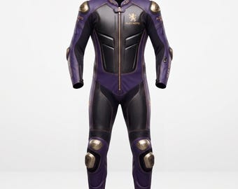 Macacão de couro blindado para motociclismo - Design premium em roxo e fibra de carbono