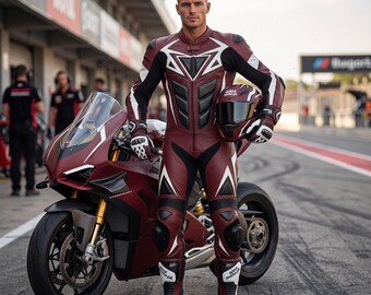 Macacão de corrida em couro com estampa geométrica vermelha e branca para motociclismo.