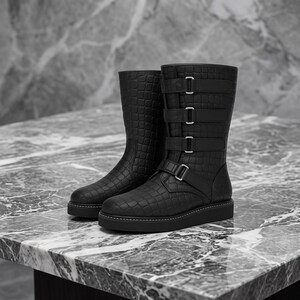 May include: A pair of black mid-calf boots featuring a textured crocodile-embossed pattern. The boots have a rounded toe, a thick black sole with visible white stitching, and three horizontal straps across the shaft with silver-toned buckles.