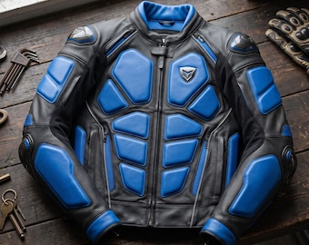 Men's Blue Black Leather Racing Jacket with Armor | Biker Protective Suit