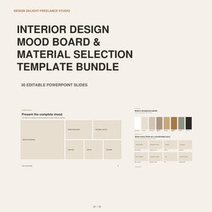 Può includere: Un pacchetto di modelli per mood board di interior design e selezione materiali con 30 diapositive PowerPoint modificabili. Il documento mostra esempi di layout per presentare concetti di stanze, mobili, illuminazione, decorazioni e colori.
