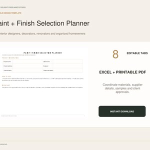 Puede incluir: Una plantilla digital de planificador de selección de pintura y acabados con una tabla de información de proyecto, instrucciones y una lista de verificación. El documento incluye 8 pestañas editables, disponibles en formato Excel y PDF imprimible para coordinar materiales, detalles de proveedores, muestras y aprobaciones de clientes.