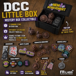 May include: A black wooden mystery box containing bronze-colored character miniatures and a crawler plaque. The set includes various items like bookmarks, quote plaques, fridge magnets, keychains, pendants, and printed level tokens with text.