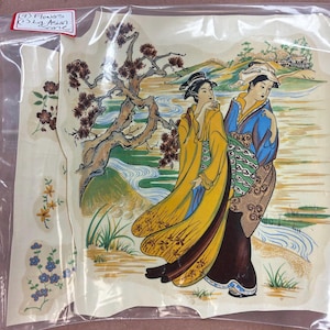 May include: A decorative paper decal sheet featuring two figures in traditional robes, one in yellow and one in blue, standing near a pine tree and a stream. The sheet includes separate floral illustrations and a label reading (9) Flowers (1) Lg Asian Scene.