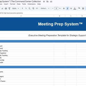Könnte beinhalten: Eine digitale Tabellenkalkulationsvorlage mit dem Titel Meeting Prep System, die einen blauen Header, eine Liste enthaltener Tools wie Master Dashboard, Stakeholder Prep Tracking und Talking Points Organizer sowie einen Bereich für Zielnutzer enthält.