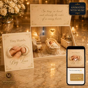 May include: A greeting card featuring the text Tiny Hands, Big Love and an image of an adult holding a baby's hands. An open box displays a miniature nursery scene with a cradle, a baby, a rocking chair, and the text So tiny, so loved.