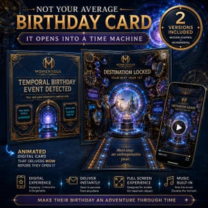 Tarjeta de cumpleaños animada con música, tarjeta de cumpleaños con temática de viajes en el tiempo, saludo de video digital, envío por mensaje de texto, descarga instantánea.