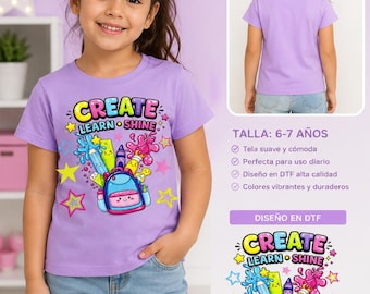 T-shirt voor meisjes van 6-7 jaar met DTF-schooldesign | Lila kinderblouse Create Learn Shine | Cadeau voor de start van het schooljaar