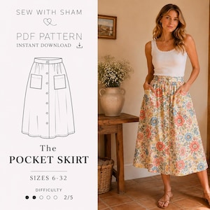 May include: A midi-length skirt with a floral pattern in shades of pink, blue, and green, featuring a button-down front, a waistband, and two large front patch pockets. The image includes a line drawing of the skirt and text: SEW WITH SHAM, PDF PATTERN, INSTANT DOWNLOAD, THE POCKET SKIRT, SIZES 6-32, DIFFICULTY 2/5.