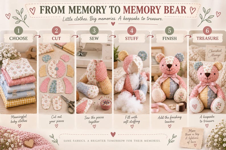May include: An instructional infographic titled FROM MEMORY TO MEMORY BEAR showing six steps to create a keepsake bear from baby clothes. The steps include choosing clothes, cutting fabric pieces, sewing, stuffing, adding finishing touches, and treasuring.