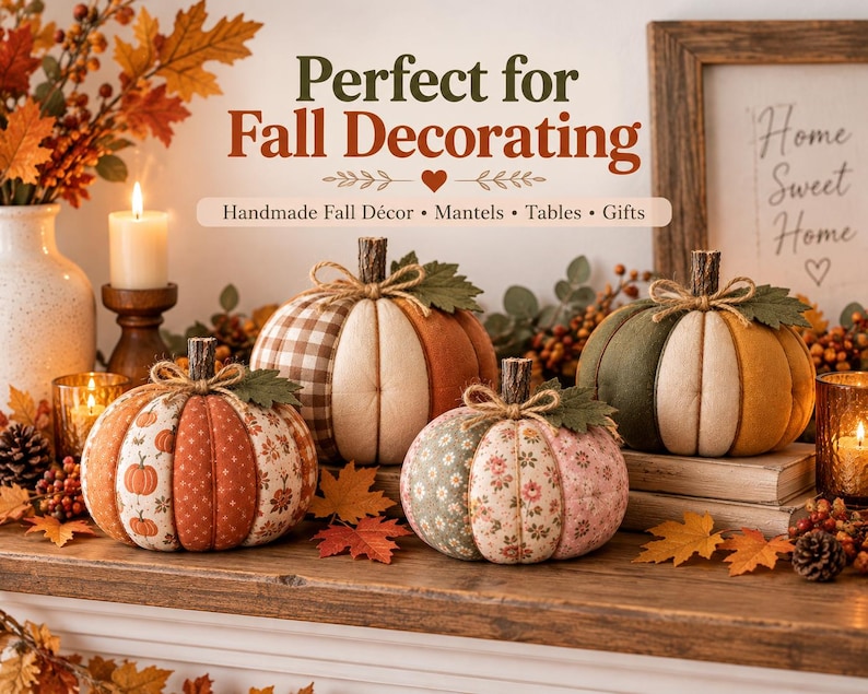 May include: Four fabric pumpkins in various patterns and colors, including orange, cream, green, and floral prints. Each pumpkin features a brown stem and a jute twine bow. The text "Perfect for Fall Decorating" and "Handmade Fall D&eacute;cor &bull; Mantels &bull; Tables &bull; Gifts" is visible.