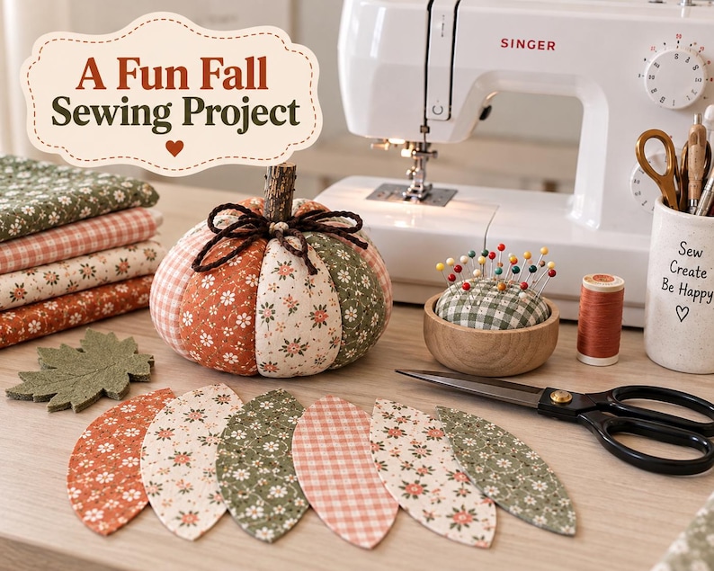 May include: A fabric pumpkin with a twig stem, surrounded by sewing supplies including a Singer sewing machine, a wooden pincushion with colorful pins, scissors, thread, and fabric scraps. Text reads: A Fun Fall Sewing Project.