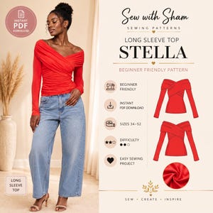Stella Off-the-Shoulder Long Sleeve Top Sewing Pattern | Beginner Friendly PDF (Sizes 34-52)