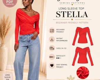 Stella Off-the-Shoulder Long Sleeve Top Sewing Pattern | Beginner Friendly PDF (Sizes 34-52)