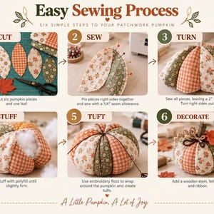 May include: An instructional infographic titled Easy Sewing Process: Six Simple Steps to Your Patchwork Pumpkin. It displays six numbered panels showing the creation of a fabric pumpkin using orange and green floral and plaid fabric pieces.