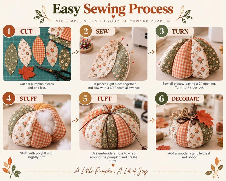 May include: An instructional infographic titled Easy Sewing Process: Six Simple Steps to Your Patchwork Pumpkin. It displays six numbered panels showing the creation of a fabric pumpkin using orange and green floral and plaid fabric pieces.