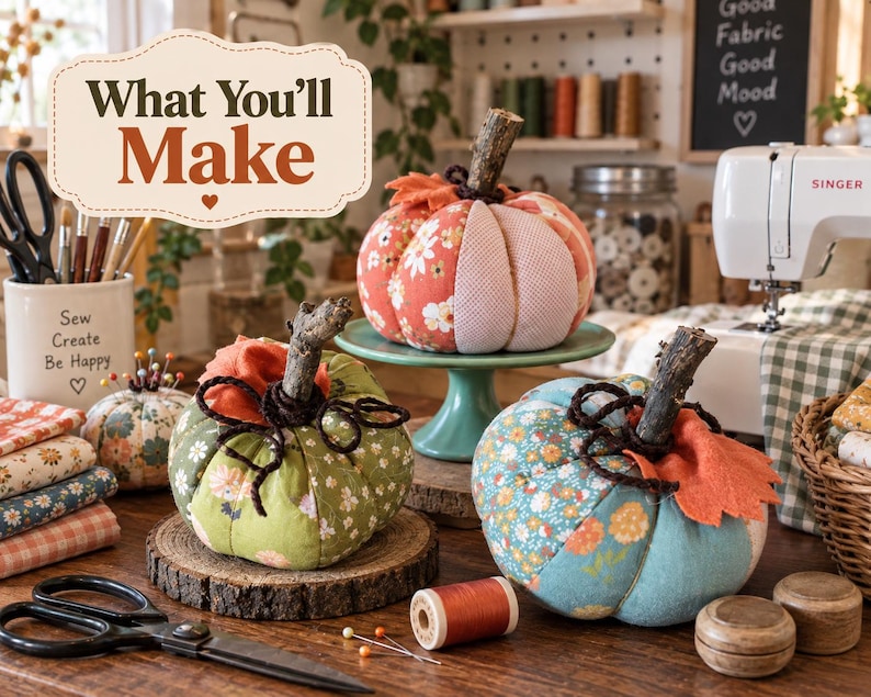 May include: Three fabric pumpkins featuring floral and solid patterns in orange, green, and blue. Each pumpkin has a dark brown twig stem and dark brown coiled wire accents. The text "What You'll Make" is displayed in a decorative frame above them.