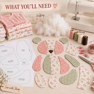 May include: A sewing project kit featuring fabric pieces for a stuffed animal, paper templates, white stuffing, a sewing machine, spools of thread, sewing clips in a bowl, and scissors. The text reads WHAT YOU'LL NEED, Sew with Sham, and labels.