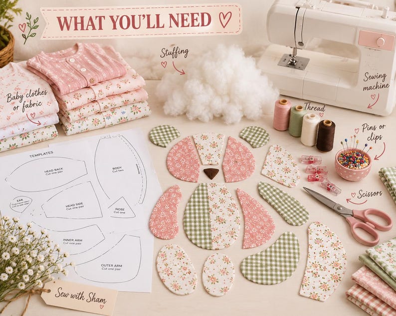 May include: A sewing project kit featuring fabric pieces for a stuffed animal, paper templates, white stuffing, a sewing machine, spools of thread, sewing clips in a bowl, and scissors. The text reads WHAT YOU'LL NEED, Sew with Sham, and labels.
