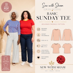 Basic Sunday Tee Sewing Pattern | Beginner Friendly T-shirt, Size Inclusive XS-7X (PDF Download)