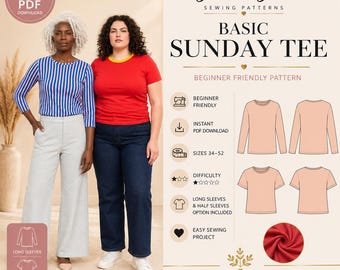 Basic Sunday Tee Sewing Pattern | Beginner Friendly T-shirt, Size Inclusive XS-7X (PDF Download)