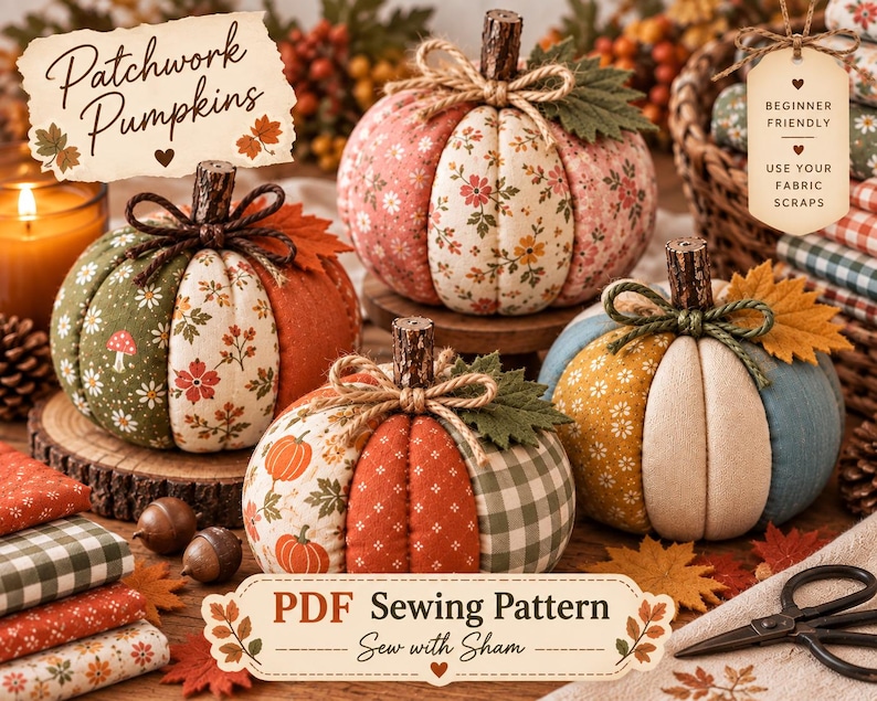 May include: Four fabric pumpkins featuring patchwork designs in autumn colors like orange, green, and blue with floral and gingham patterns. Each pumpkin has a brown twig stem and a twine bow. Text reads Patchwork Pumpkins, Beginner Friendly, Use Your Fabric Scraps, and PDF Sewing Pattern Sew with Sham.