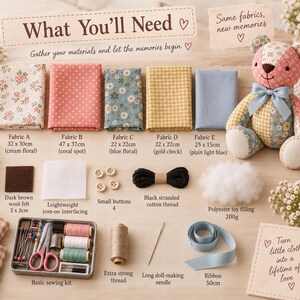 May include: A craft kit for a patchwork teddy bear including five fabric pieces with floral, polka dot, and gingham patterns, four small buttons, black thread, 200g polyester filling, a sewing kit, needle, ribbon, and felt. Text reads: What You'll Need.