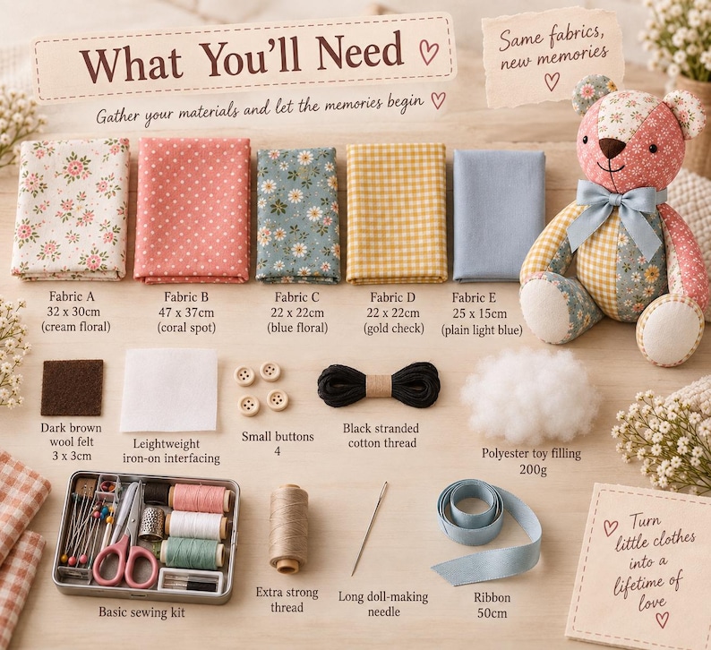 May include: A craft kit for a patchwork teddy bear including five fabric pieces with floral, polka dot, and gingham patterns, four small buttons, black thread, 200g polyester filling, a sewing kit, needle, ribbon, and felt. Text reads: What You'll Need.