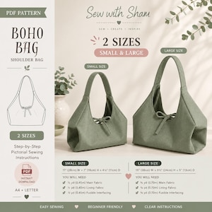 May include: A PDF sewing pattern for a boho shoulder bag in two sizes, small and large. The small bag measures 11 inches wide by 7 inches high by 4.25 inches deep. The large bag measures 15 inches wide by 9.5 inches high by 5 inches deep.