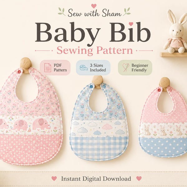 Baby Bib Sewing Patter, 3 Sizes, Infant to Toddler (PDF Pattern), Baby gift ideas