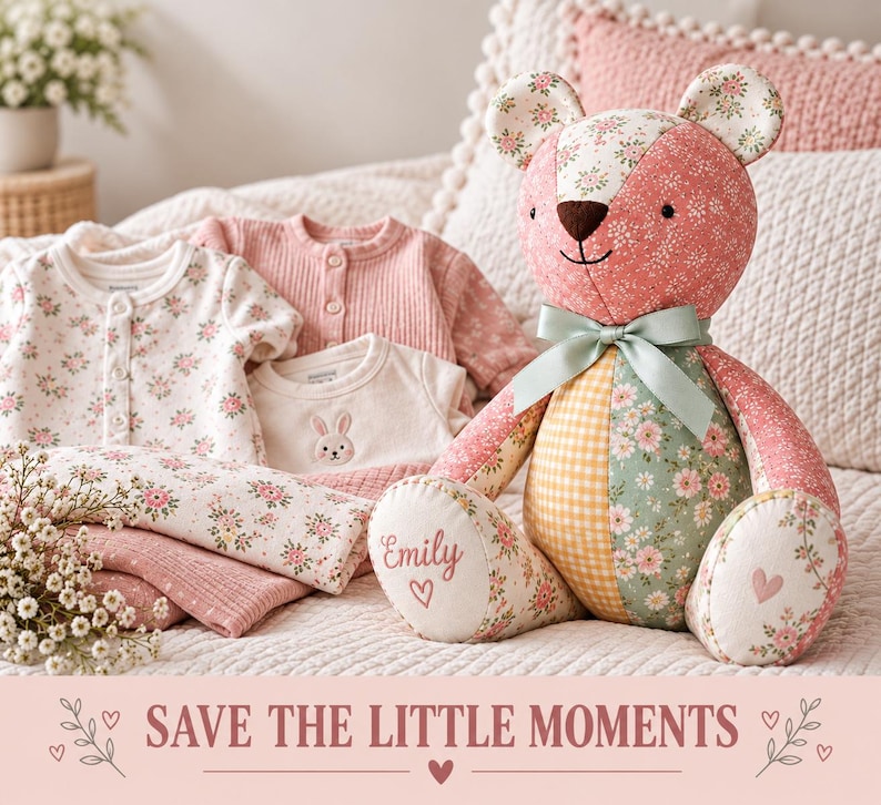 May include: A patchwork teddy bear with floral and gingham fabric panels, a sage green ribbon bow, and the name Emily embroidered on one foot. Beside it are folded baby clothes featuring floral patterns and a small embroidered rabbit design.