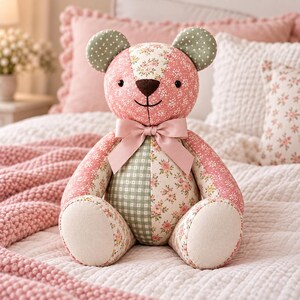 May include: A stuffed teddy bear crafted from patchwork fabric featuring pink floral patterns, green gingham, and solid cream-colored foot pads. The bear has dark brown embroidered eyes and a nose, with a light pink satin ribbon tied around its neck.