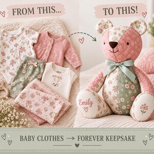 May include: A collage showing baby clothes including a floral bodysuit, a pink cardigan, and a bunny-embroidered shirt, alongside a patchwork teddy bear made from similar fabrics. The bear features a sage green ribbon and the name Emily embroidered.