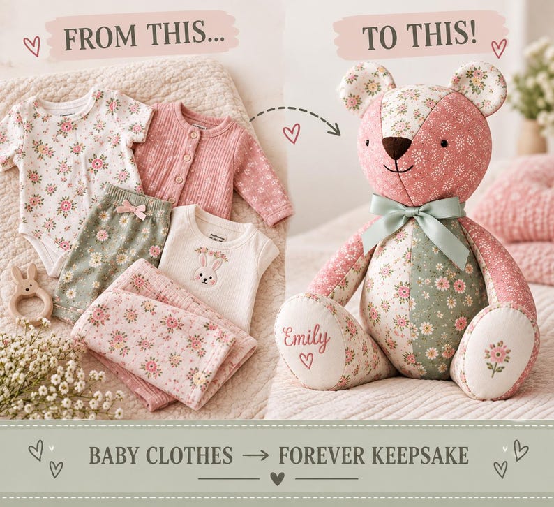 May include: A collage showing baby clothes including a floral bodysuit, a pink cardigan, and a bunny-embroidered shirt, alongside a patchwork teddy bear made from similar fabrics. The bear features a sage green ribbon and the name Emily embroidered.