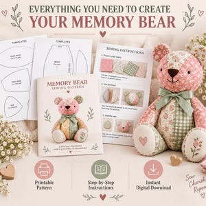 May include: A memory bear sewing pattern kit including printed templates, step-by-step instructions, and a finished stuffed bear made from patchwork floral and gingham fabric in shades of pink, green, and cream with a sage green ribbon bow.