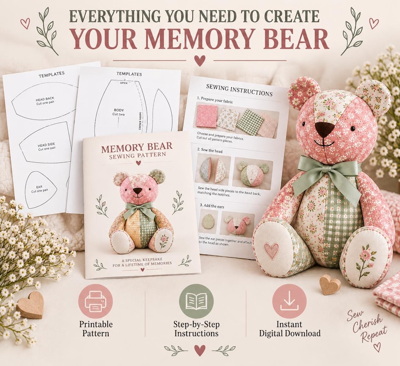 May include: A memory bear sewing pattern kit including printed templates, step-by-step instructions, and a finished stuffed bear made from patchwork floral and gingham fabric in shades of pink, green, and cream with a sage green ribbon bow.