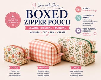 Boxed Zipper Pouch PDF Sewing Pattern, 3 Sizes, Video Tutorial (Digital Download)